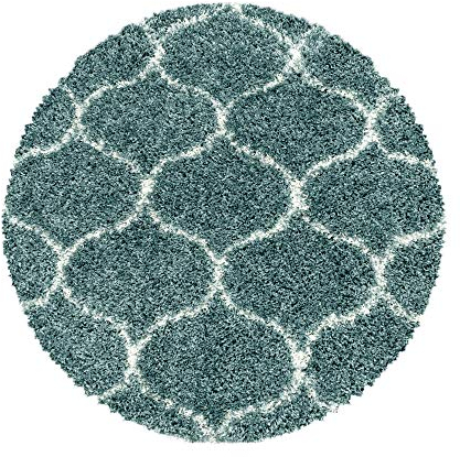 Carpetsale24 Designer Hochflor Teppich Modern, Skandinavische Design, Flauschiger Langflor Shaggy Teppich, Runder Teppich, Pflegeleicht, Wohnzimmerteppich, Größe:120 cm Rund,Farbe:Blau-Creme