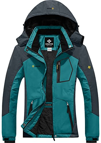 GEMYSE Damen Wasserdichte Winddichte Skijacke Winterjacke Wanderjacke Hardshelljacke Regenjacke mit Kapuze (Acidblau Grau,M)