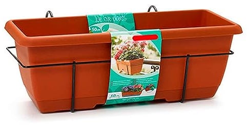 Plastic Forte – Fioriera da balcone con sottovaso e supporto in metallo, 50 x 20 x 17,5 cm, vaso in plastica da appendere, 10 l, con sottovaso integrato per acqua, 50 cm, marrone