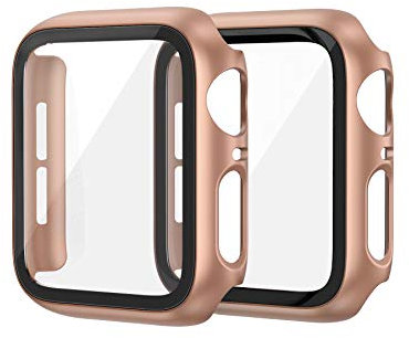 EDIMENS 2 Pack Hard PC Case Compatible with Apple Watch 44mm Series 6 / SE / 5/4 Women Men, Overall PC Case Slim Tempered Glass Screen Protector Protective Cover for Apple iWatch 44mm SE Rose Gold