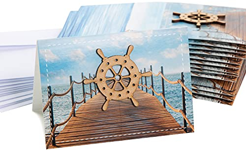 Logbuch-Verlag 10 geschäftliche Grußkarten maritim blau weiß mit Steuerrad aus Holz - Glückwunschkarten - nautische Klappkarten mit Kuvert