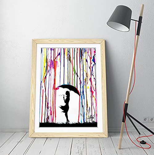 Banksy Regenschirm Mädchen – Premium Wandkunst, gerahmt, 3 Farben – 4 Größen (A4, Eiche)
