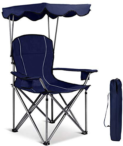 GOPLUS Chaise de Camping Pliante, Fauteuil Camping Extérieur avec Auvent, Porte-gobelets et Sac de Transport, Idéal pour Plage, Pêche, Barbecue, Pique-Nique, Charge 150 KG (Marin, 97x67x134cm)