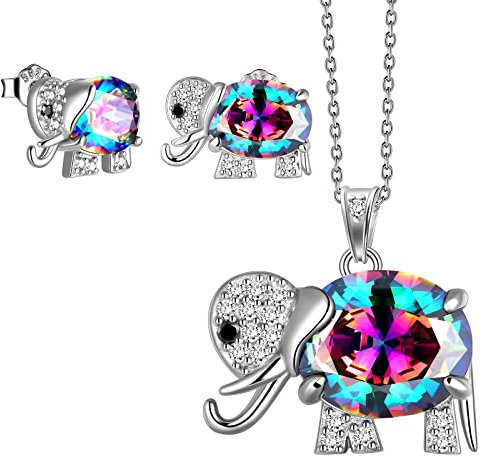Rainbow Mystic Topas Elephant Schmuck Set für Frauen Mädchen Boho Schmuck 925 Silber Ethnic Tribal Elephant Halskette Ohrringe Set Weihnachtsschmuck Geschenk für Ihr Freundschaftsgeschenk FS0190T