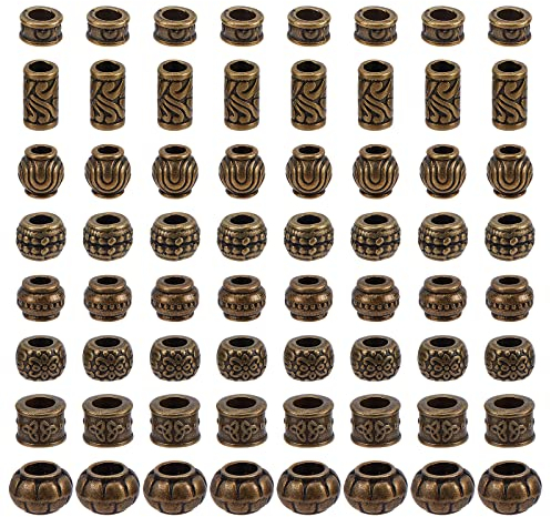 nbeads 80 Stück 8 Stile Legierung Europäische Perlen, Antike Tibetische Dreadlock Perlen Bronze Spacer Beads Charm Großes Loch Ketten Perlen Haarperlen Für DIY Schmuckherstellung, Bohrung: 5.5 mm