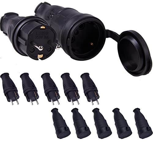10 Stück Gummi Schuko Stecker Kupplung, Schutzkontaktstecker, Flammschutzmittel, Außenbereich Stromstecker Schutzkontakt Set mit Knickschutz, für 0.5-3cm² Kabel, IP44, 250V, 16A, 4000W Kabelsteckers