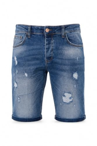 Redbridge Jeansshorts Herren Denim Shorts - Distressed Regular Fit | Mittelblaue Used-Look Kurze Hose mit Knopfleiste, Fransen-Saum & Rollumschlag – 5-Pocket-Design