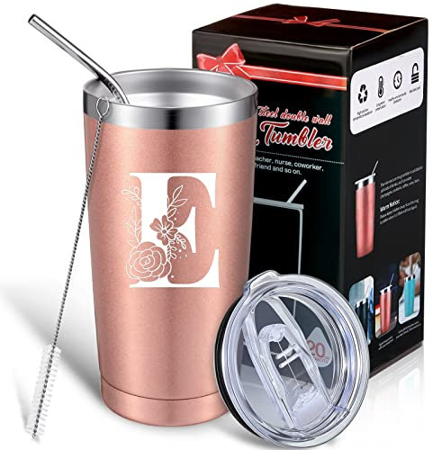 Thenshop Personalized Initial Mug Tumbler 20oz, Monogrammed Travel Mug with Gift Box for Wedding Birthday Graduation Party, Birthday Christmas Gifts for Women Mom Sisters Teacher Coworker (E)