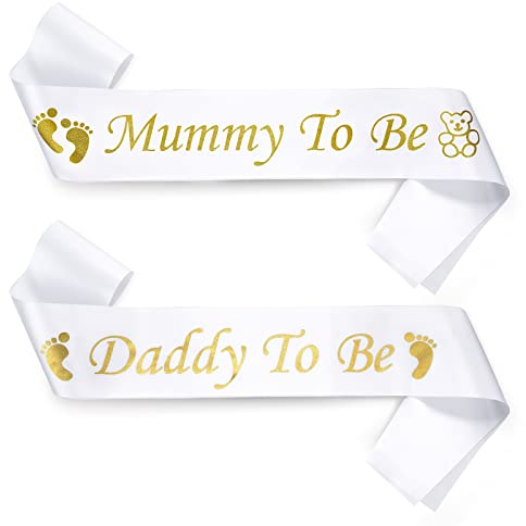 2 Stück Babydusche Schärpen Set, Mummy to Be und Daddy to Be Schärpe Set Werdende Eltern Schultergurt Baby Shower Schärpe für Baby Dusche Party Feier, Baby Willkommensparty Dekoration (Weiß)