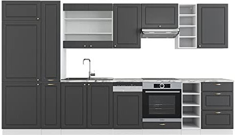 Vicco Küchenzeile Fame-Line, Anthrazit-Gold/Weiß, 355 cm ohne Arbeitsplatte