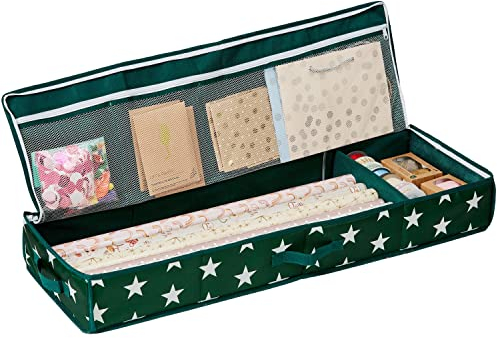 LOVE IT STORE IT Aufbewahrungstasche für Geschenkpapier - Organizer für Geschenkpapierrollen - Mit Fächern für Geschenkbänder - Grün mit Sternen - 90x30x12 cm