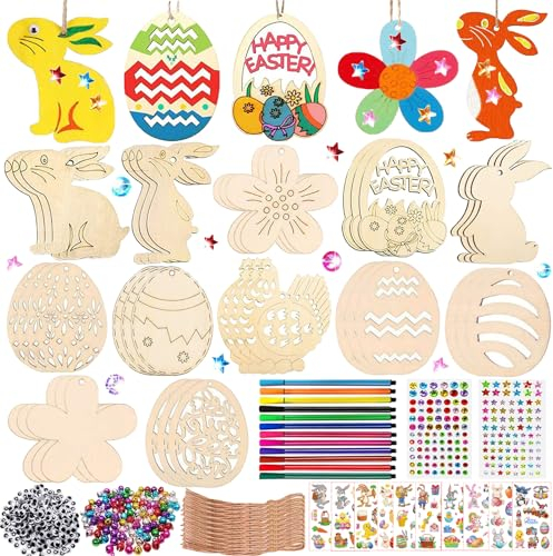 360 Stück Ostern Bastelset Kinder,Holzanhänger Ostern zum Bemalen,Ostern Anhänger Holz,Ostern Basteln Kinder,mit Aquarellstift,Glocke,Strass,Auge