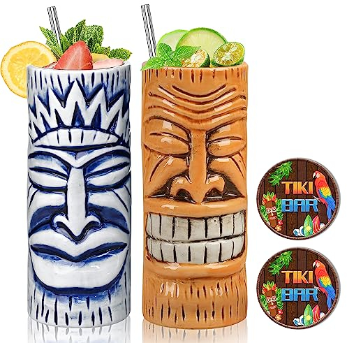 Tiki-Tassen, 2 Stück Tiki-Gläser, Hawaii-Party-Becher aus Keramik mit Untersetzer, für Cocktails, hochwertiges Tassen-Set mit 2 Cup Untersetzer Tassen für exotische Party