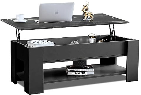 Blisswood Coffee Table With Storage, Lift Up For Living Room, Wooden Tables 1 Shelf Large Hidden Storage Lift-Top Sofa End Table for Reception Room Grey + Marble Black 120x60x(49.5-62.5) H cm