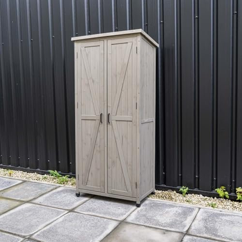 AIRWAVE Wooden Garden Storage Tool Shed | Outdoor Weatherproof Utility Cupboard Cabinet for Tools, Cushions, Toys | Functional Internal Shelves | Louvre Door Design | Spruce Wood (183cm Tall) | Grey
