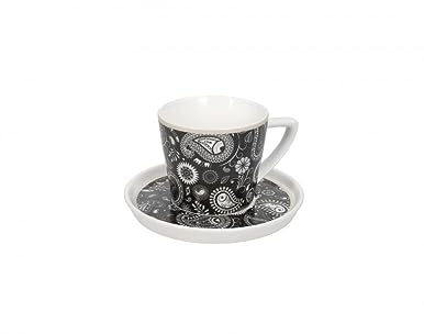 Brandani 52830 TAZZINA CAFFE' SHANTI CON PIATTINO NEW BONE CHINA, cm d 12x7h, 100 ml, Nero con decoro Shanti