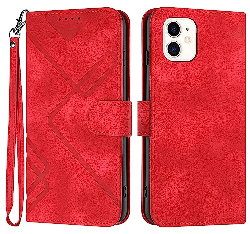 Bxithnr® Premium Leder Handy Klappbare Stoßfeste Brieftasche Magnetic Stander Flipcase Cover für iPhone 12 Mini /13 Mini - Rot
