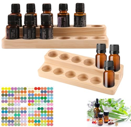 LEKEFETO 2 Ätherisches Öl Display Ständer: Aromatherapie Öle Hölzern Tragen Gestell, Doppelschichtige Aufbewahrungsbox für Ätherische Öle, Ätherisches Öl Box für Duftöle Nagellack(12 Löcher)