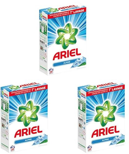 Ariel Lessive Poudre, 39 Lavages, Alpine, Élimine Les Taches Incrustées, Même Après 7 Jours, Impeccable Même En Cycle Court Et À Froid, Fabriqué En France (Lot de 3)