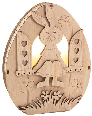 VBS Holz-Dekoration Holz-Ei mit LED - Häsin im Fenster 3.5x18x14cm Frühlingsdekoration Osterei