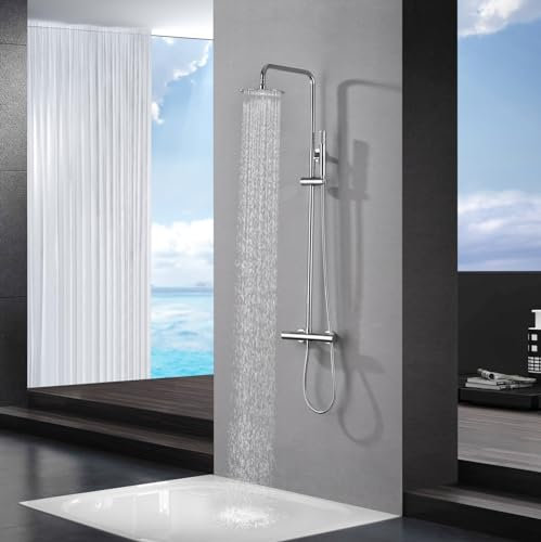 IMEX - Columna Ducha Termostatica con Grifo | Conjunto de Ducha con Alcachofa y Rociador Antical Efecto Lluvia | Griferia en Latón y Acero Inox S.304 con Barra Extensible | Serie Monza | Color Cromado