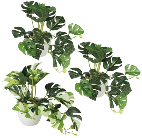MIGUBIGU Lot de 3 Plantes Artificielles 20CM, Fausse Plantes avec Blanc Pots en Plastique, Monstera Plantes Tropicales Très Réaliste pour Balcon, Chambre, Salon, Salle de Bains Deko