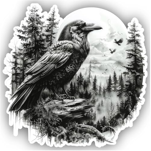 Samunshi® Rabe in Wald Szene Aufkleber Krähe Mond Berge Autoaufkleber für Motorrad Fahrrad Roller oder Auto Sticker Fahrrad Mtb Mountainbike Rennrad Aquarell Illustration Sticker 50x50cm