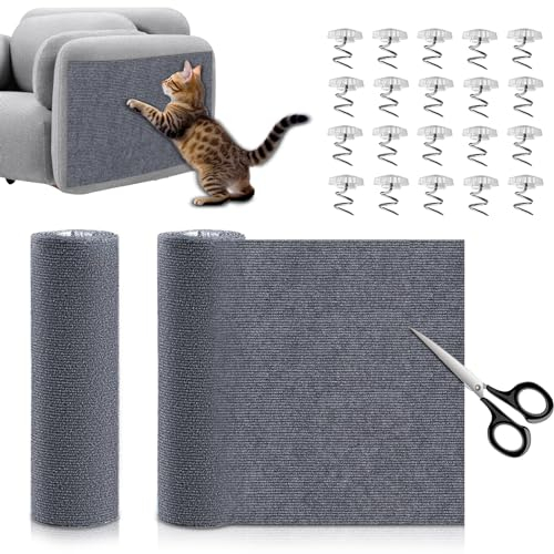 2 Stück Kratzmatte Katzen Selbstklebend Kratzteppich Katze Wand Kratzschutz Sofa Katze DIY Climbing Cat Scratcher für Wandmontage Geeignet Möbel Kratzschutz Tür mit 20 Sofaschnallen Grau 40×100cm
