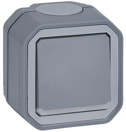 LEGRAND, Plexo New Feuchtraum-2-poliger Aufputz-Ausschalter mit Kontrollfunktion, integrierte Indikatorleuchte, IP55 - IK07, 10 Ampere, 250 Volt, Farbe: Grau, 069726L