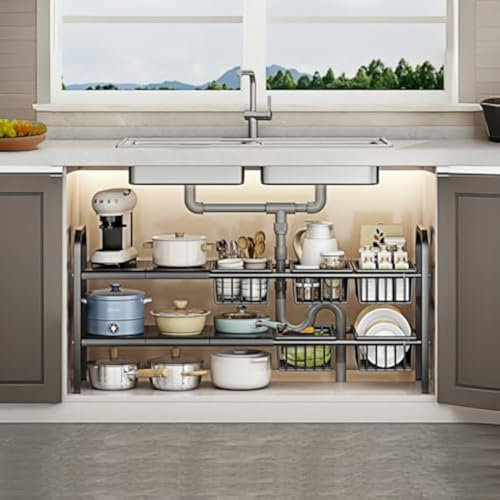 Fliqor Organiseur sous évier, étagère extensible en métal robuste à 2 niveaux, avec 5 panneaux amovibles et 5 paniers de rangement pour évier de cuisine et salle de bain (noir, taille L)