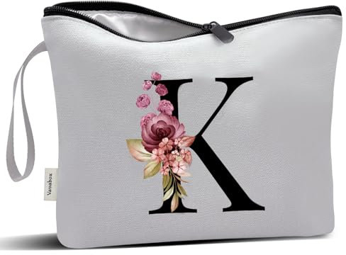 Vavabox A-Z Personalized Initial Makeup Bag, Birthday Gifts for Women Unique,Bride Bridesmaid Gift Cosmetic Bags (K, Grey)