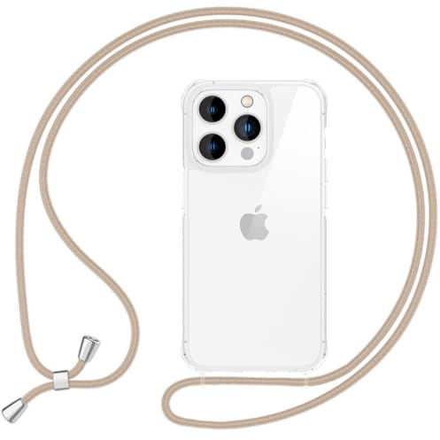 NALIA Handykette für iPhone 16 Pro - Band - Hülle, Beige | Kordel ca. 1,60m für Crossbody, Ösen fest im Rahmen eingegossen, Massive Metallenden, Verstärkte Ecken, HANGIT PRO