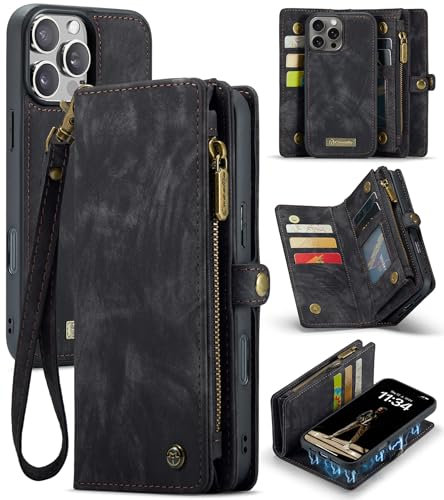UFinetech für iPhone 16 Pro Max Hülle, Flip Leder TPU Stoßfest Kartenfach Tasche Handyhülle für iPhone 16 Pro Max, Magnetisch Kratzfest Abnehmbare Reißverschluss mit Band Schutzhülle Case, Schwarz