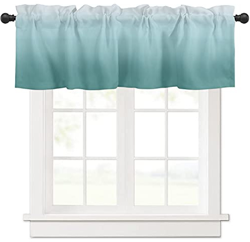 Cliduli Ombre Valance for Windows,Teal Turquoise Green Window Treatments 1 Panel Short Curtains for Kitchen Windows Bathroom Bedroom,54 x 18 Inch