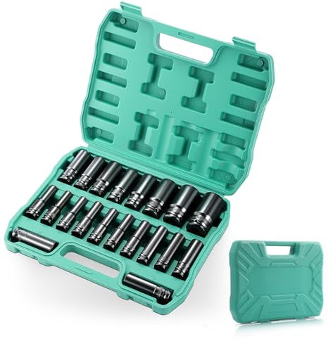 GEARCELL 1/2'' Impact Socket Set, 20pcs Hex Long Sockets 8mm-32mm with Storage Box CR-V Steel Deep Socket Set for Professional Automotive, Truck, Tractor & Home DIY Repair