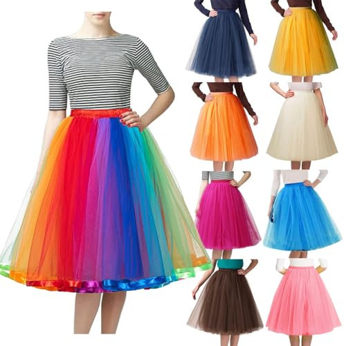 Tüllrock Regenbogen Tüllrock Damen Lang 50Er Rockabilly Petticoat Unterrock Für Karneval Partykleid Elastisch 3 Lagig Tüll Ballett Tütü Rock Tanzkleid Ballkleid Abendkleid Ballettrock Retro Cosplay