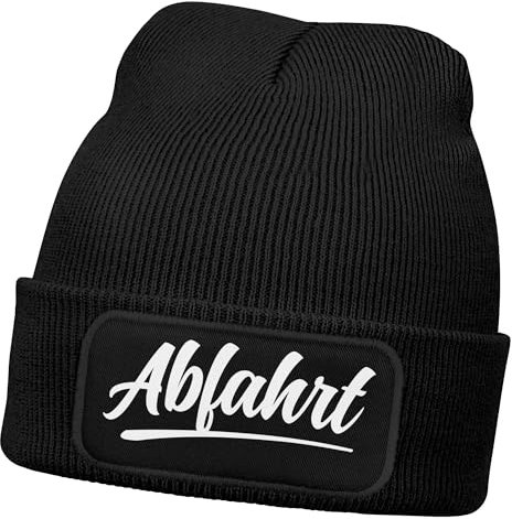 MoonWorks® Herren Beanie mit Patch Strickmütze mit Spruch Aufdruck Abfahrt Lustig Mütze Männer Schwarz Unisize