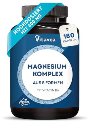 Magnesio Completo - 400mg - 5in1 + Vitamina B6 - Trattamento 2 Mesi | Bisglicinato - Citrato - Ossido - Carbonato e Liposomiale - Riduce Stanchezza e Affaticamento - 180 Capsule - Vitavea