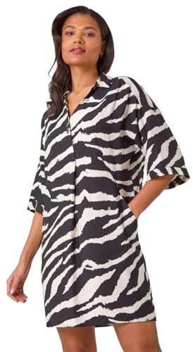 Roman Originals Zebra Print Shirt Dress for Women UK - Ladies Everyday Holiday Spring Summer Comfy Soft Evening Vacation Work Party - Black - Size 20