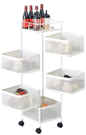 5-Etagiges 360° drehbares Gemüseregal für Küche, Badezimmer und Wohnzimmer - mit Rollen und wechselbarem Kartoffel-/Gemüse-/Obstkorb, Weiss