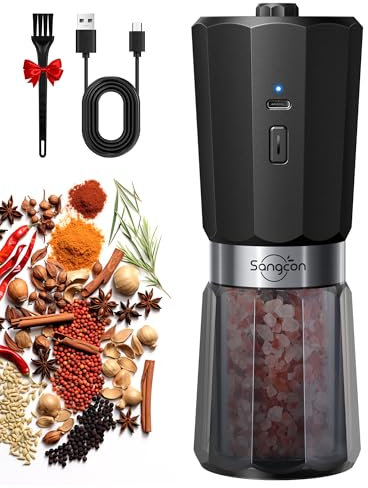 Sangcon 2-Speed Gravity Electric Salt and Pepper Grinder, 800mAh Large Capacity Rechargeable Pepper Grinder, 5 Levels of Externally Adjustable Coarseness, One-Handed Operation Automatic Grinding 1pcs