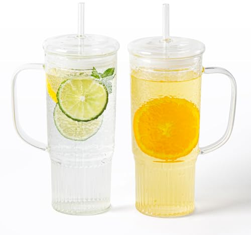 GOSCHE Glass Cups with Lids and Straws, 24oz Clear Iced Coffee Cups with Handle, Glass Tumbler with Straw and Lid for Smoothie Water Tea Juice, Clear, 2 Pack