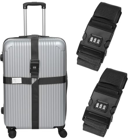 sourcing map Cross Luggage Straps with Combination Lock Name ID Card Adjustable Suitcase Belt Strap for Suitcase Briefcase Backpack Travel, Black, Pack of 2