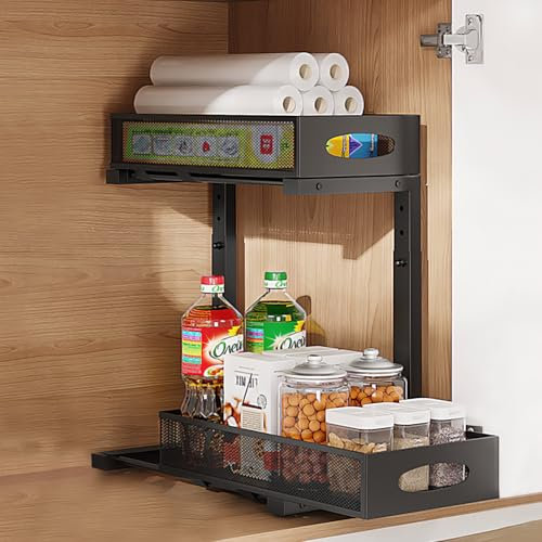Laphontab Organizador Bajo Fregadero Extraíble Ajustable 5 Niveles - Estantería de Acero Carbono para Cocina/Baño (29.5-43cm), 2 Capas Deslizantes, Almacenamiento Esquina/Lavabo