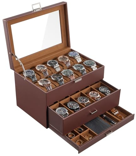 ProCase 20 Slot Watch Box for Men, 3-Layer Watch Display Case with Glass Lid, Watch Holder with Drawer, Jewelry Storage Organizer for Watches Straps Rings -Brown