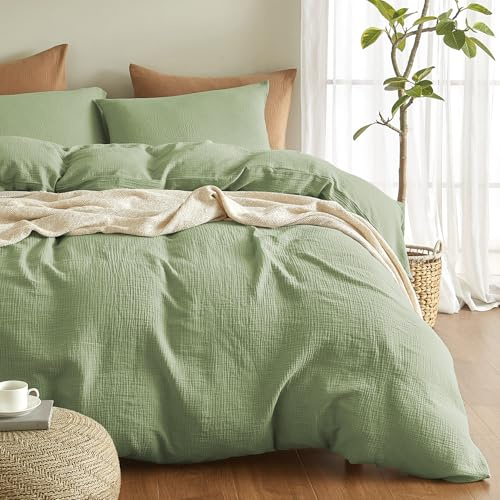 Bailix Premium Musselin Bettwäsche Sets 135x200 3 teilig 100% Baumwolle atmungsaktiv & bügelfrei Bettbezüge 135x200cm + 2er Kissenbezüge 80x80cm Oeko-Tex Bettwäsche-Sets mit Knöpfe Grün