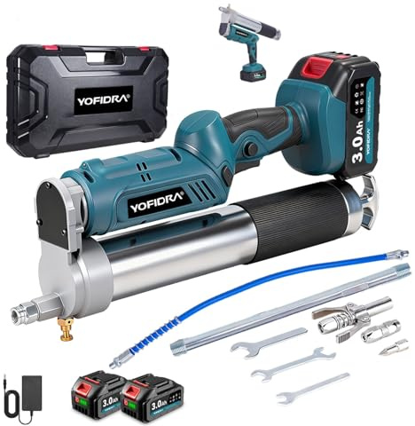 Yofidra 2-i-1 batteridriven fettpress – 150 g/min (5,3 oz/min) / 827 bar (12 000 PSI) fettpresssats med 2 x 3,0 Ah batterier, lätt att använda för jordbrukare, maskinoperatörer och ägare