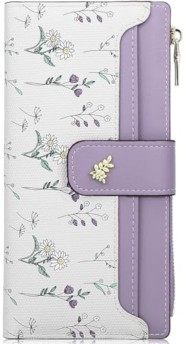 Farcauo Portemonnaie Damen RFID Geldbörsen Frauen Geldbeutel Mittel Groß Damen Geldbörse mit lila Blumen Design für Frauen Portmonee mit Ausweisfach und Kartenhüllen