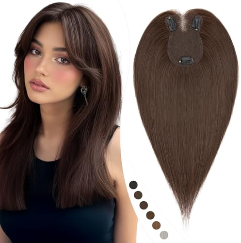 Elailite Haartopper Echthaar Clip in Haarteil Dunkelbraun, 30cm Real Human Haar Topper Damen mit Vorhangpony Haarteile (Silk Lace 8x11.5cm) 35g #2