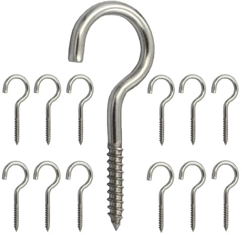 GAYSHI Ganchos de rosca de acero inoxidable, 12 ganchos atornillables plateados, tornillos pesados grandes, juego de ganchos para tazas, ganchos para tornillos para soporte de hamaca, mecedora